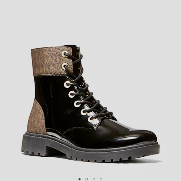 combat boots lace up monogram boots Michael Kors boots chunky boot Glossy black - Picture 1 of 13